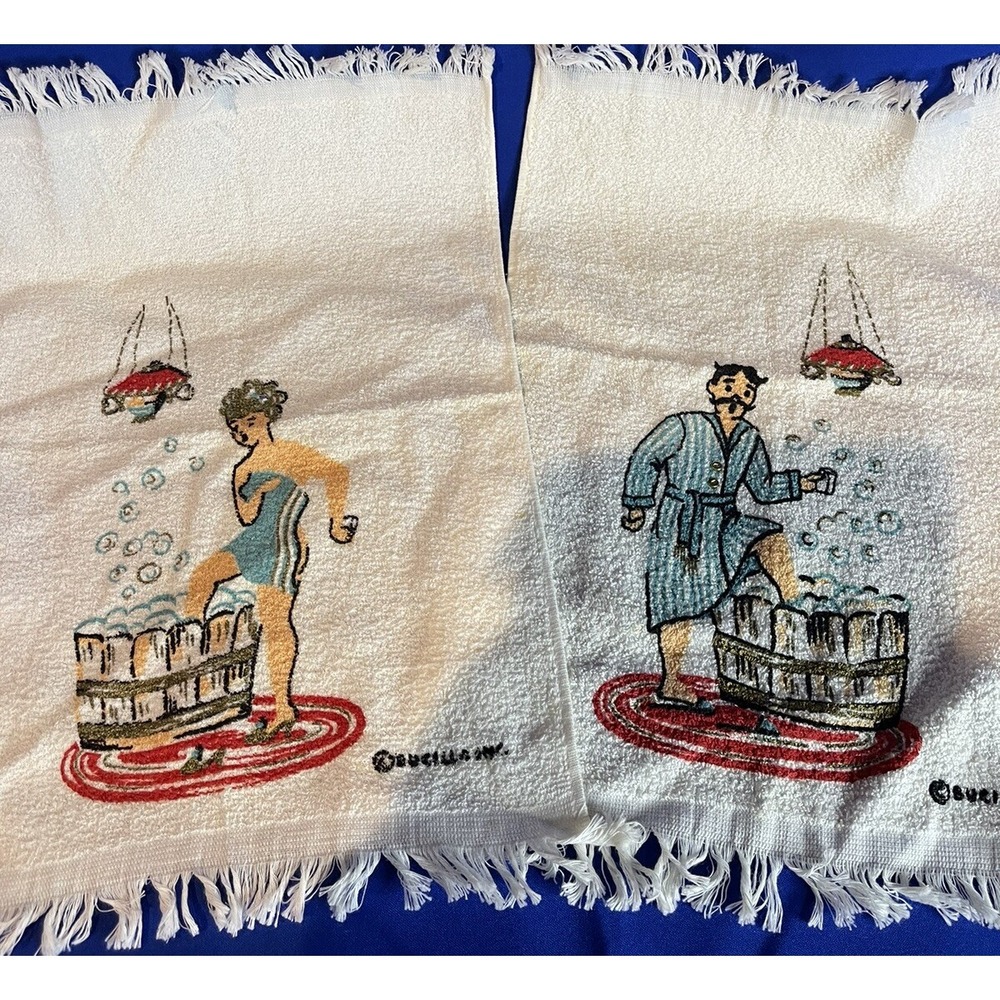 vintage Bucilla His and Hers Bath hand towel robe mcm bling washtub man women
